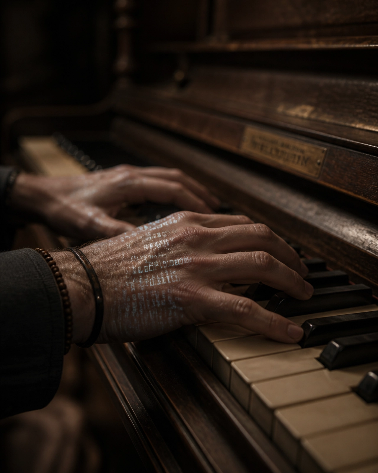 A cinematic, close-up shot of a musician's hands resting on a vintage piano keyboard with soft digital code lines faintly superimposed over the skin.