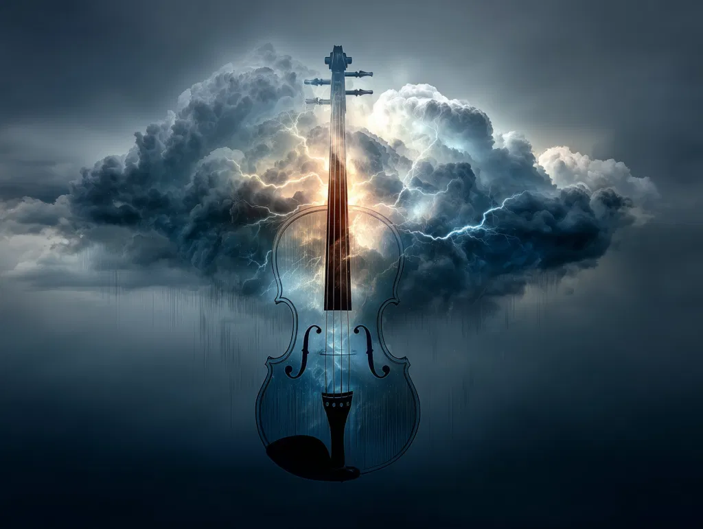 A dramatic violin silhouette blended with storm clouds, representing the intensity of pieces like Rain Deluge.