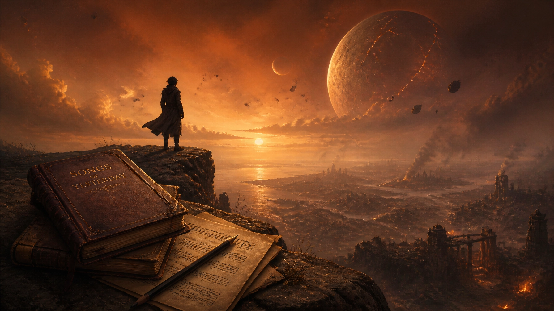 A silhouette looking out over a celestial cliff during a planetary aftermath