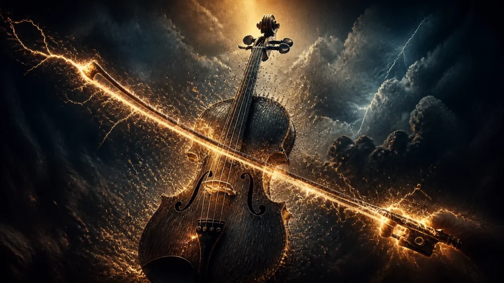 A highly detailed, painterly digital illustration of a glowing violin bow made of a jagged, electric lightning bolt