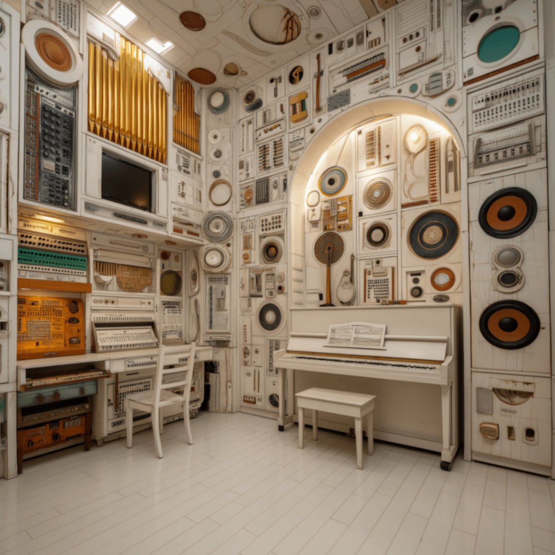 A surreal room where the walls and furniture are built entirely from musical instruments and speakers, emphasizing the immersive world of an independent music artist.