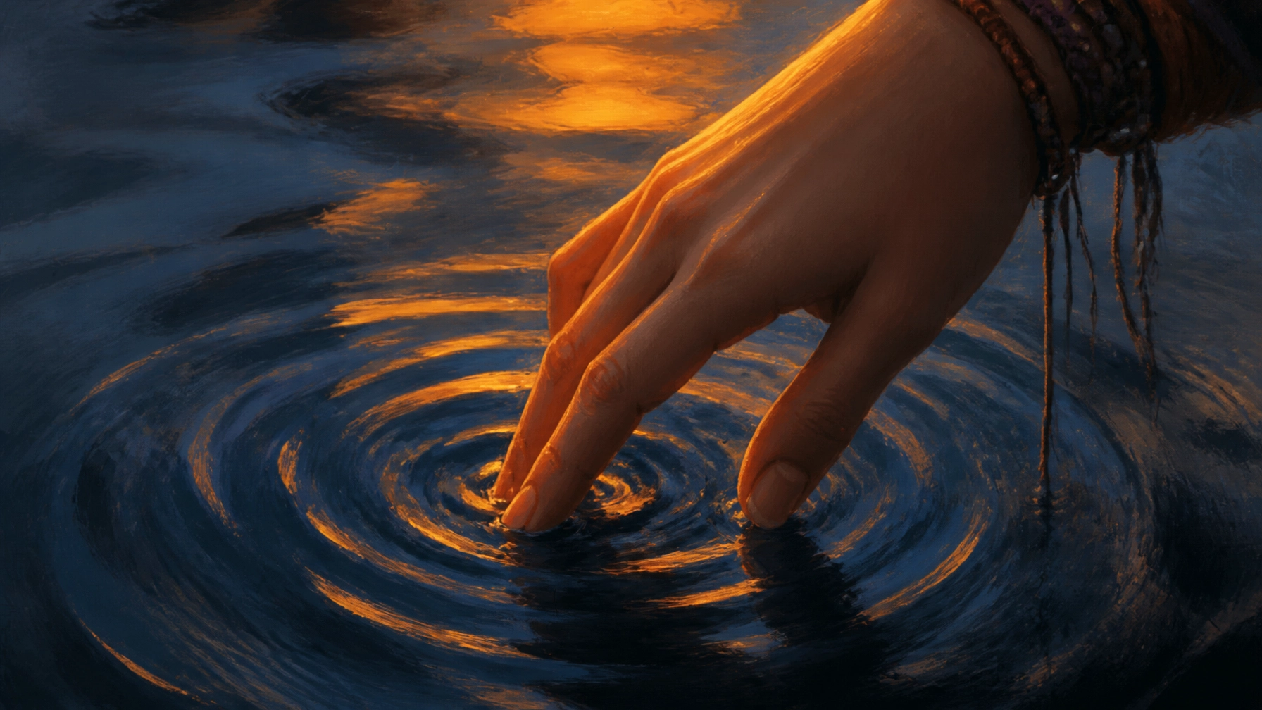 A close-up, tactile digital painting of a human hand gently touching the surface of water, creating delicate, concentric ripples under moody, golden light.