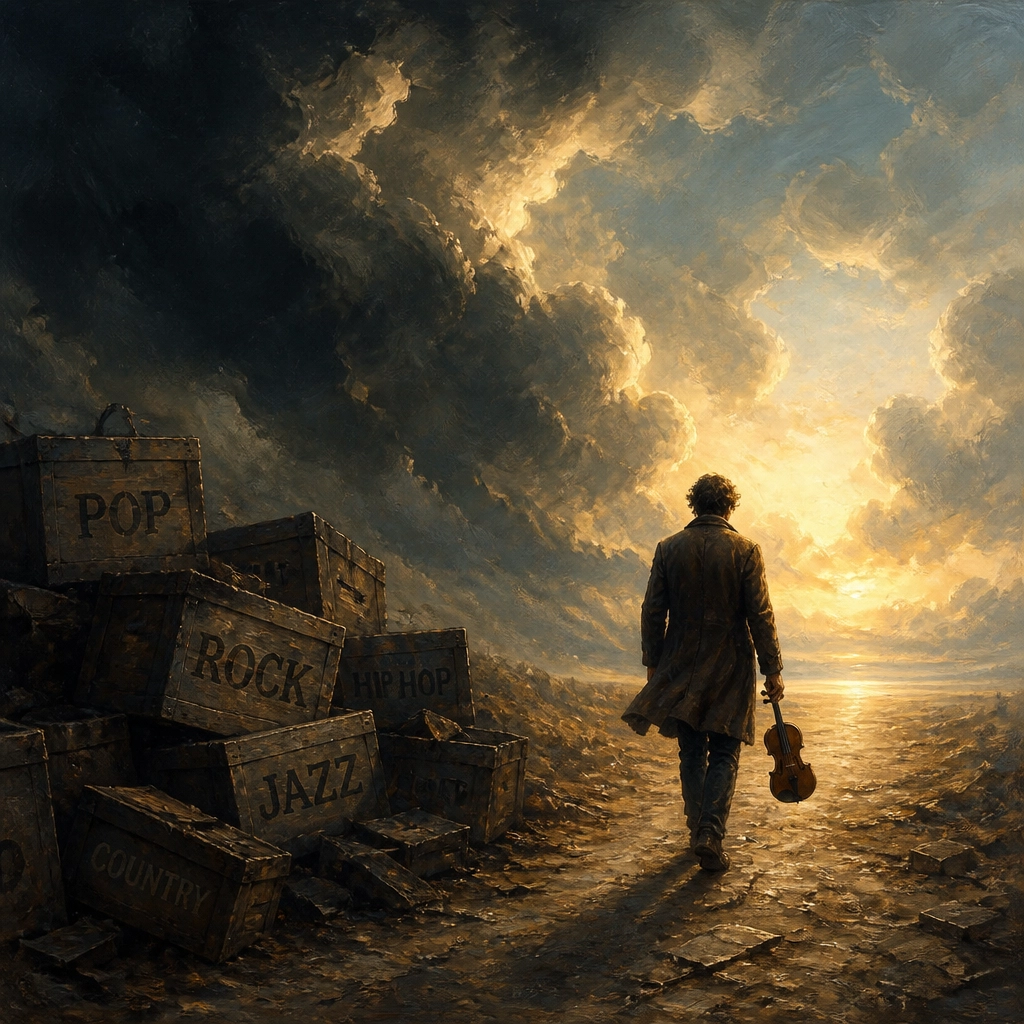 A surreal and artistic illustration of a Alternative Music person walking away from a stack of discarded, dusty wooden crates labeled with genres like 'POP', 'ROCK', and 'JAZZ'.