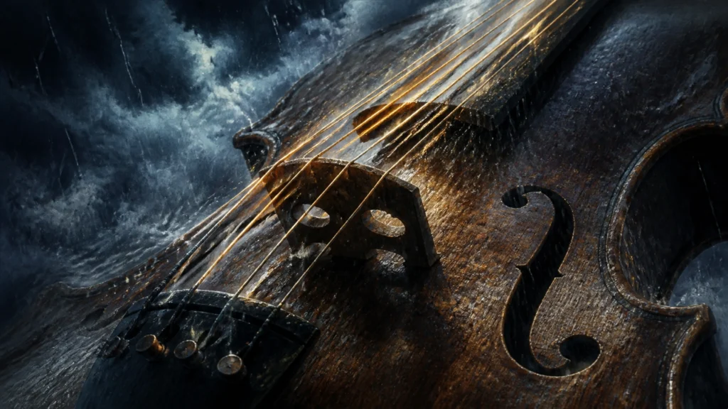 A close-up of vibrating violin strings amidst a mist of deep blue and gray rain clouds with golden highlights
