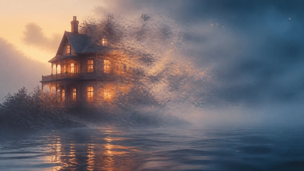 A surreal illustration of an ethereal, sparkling home dissolving into soft mist over a dark, reflective ocean.