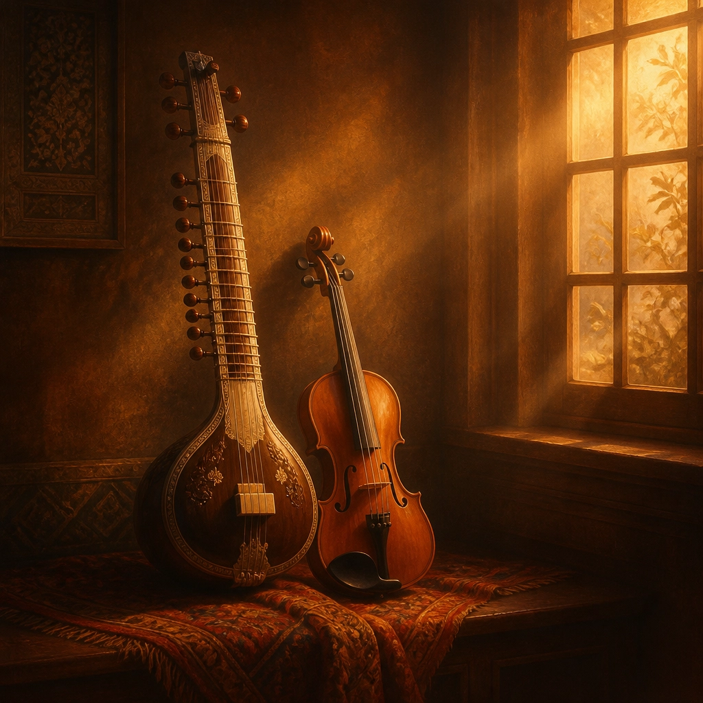 An atmospheric, cinematic scene of a vintage music studio corner with a sitar and a violin.