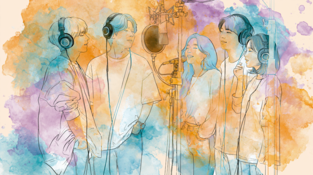 A group of people singing together in a warm, watercolor recording studio