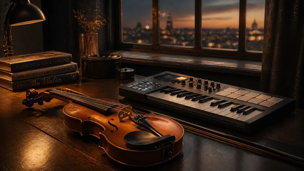 A detailed illustration of a violin and a MIDI controller on a dark desk, blending traditional and modern musical tools.