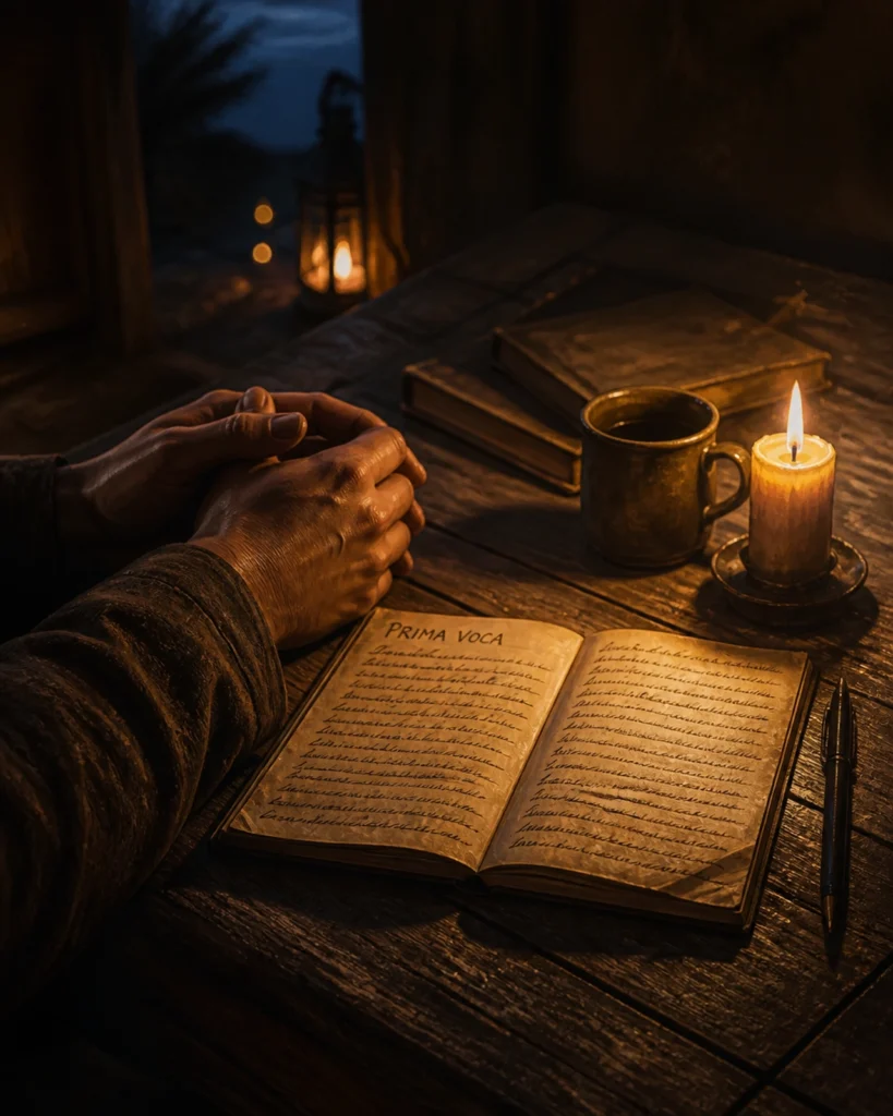A person's hands resting on a wooden table next to a journal and a glowing candle, symbolizing the 'Prima Voca' storytelling moment