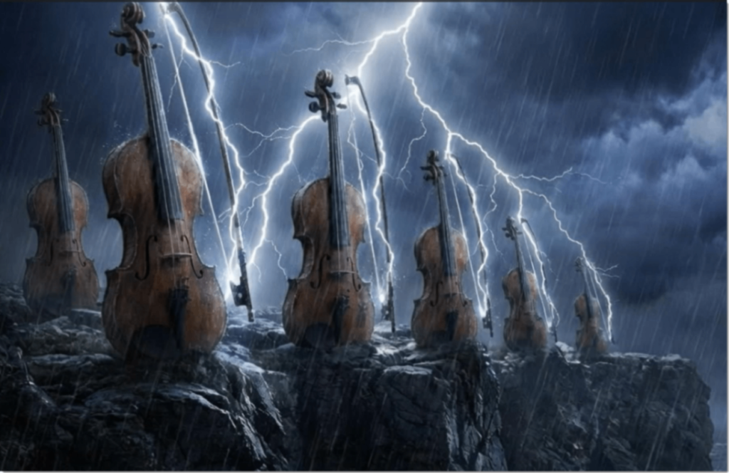 Multiple violins standing on a rocky cliffside during a dramatic lightning storm and heavy rain