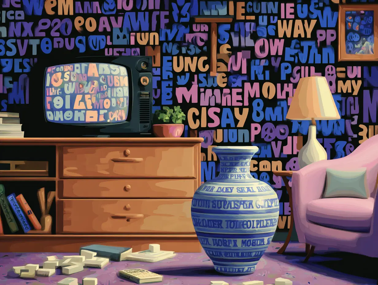 A retro living room filled with letters and oversized tiles, representing storytelling