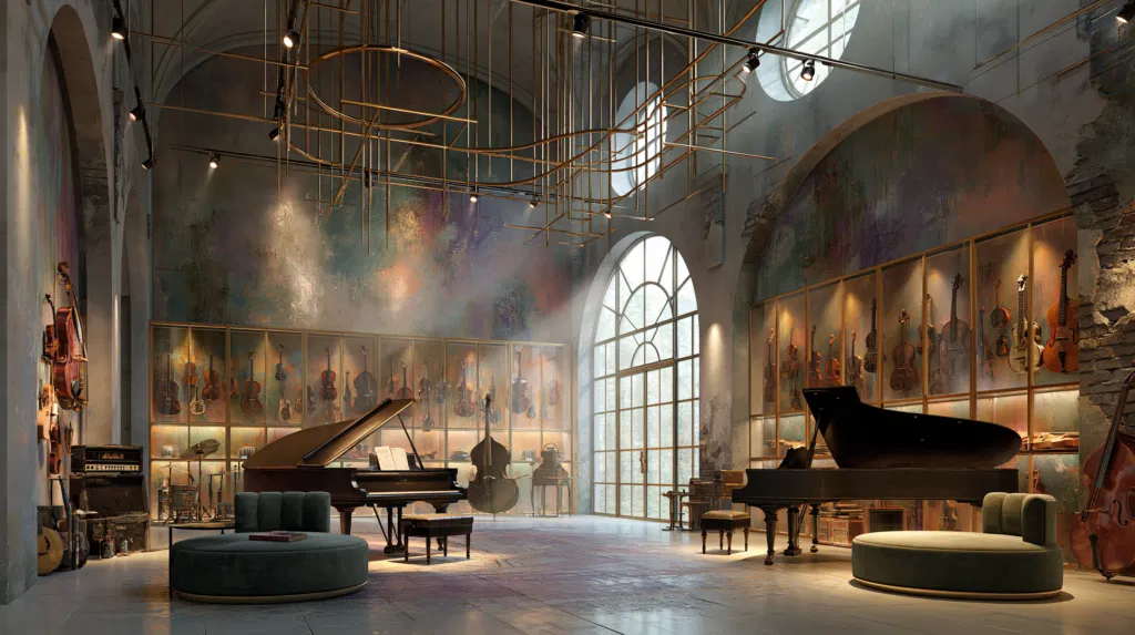 Soaring vaulted ceilings and arched windows fill this atmospheric studio with natural light, showcasing violins and pianos.