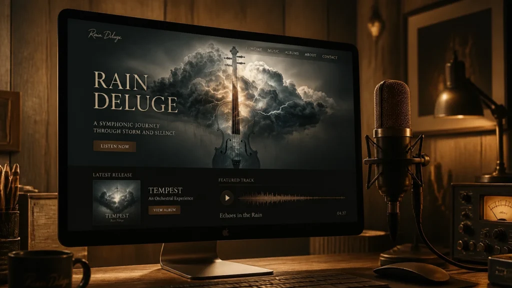 A cinematic digital illustration of a music website design for Rain Deluge on a monitor in a warm, wood-textured studio