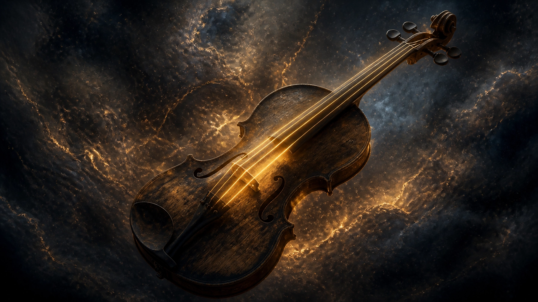A violin floating in a cosmic nebula with glowing strings
