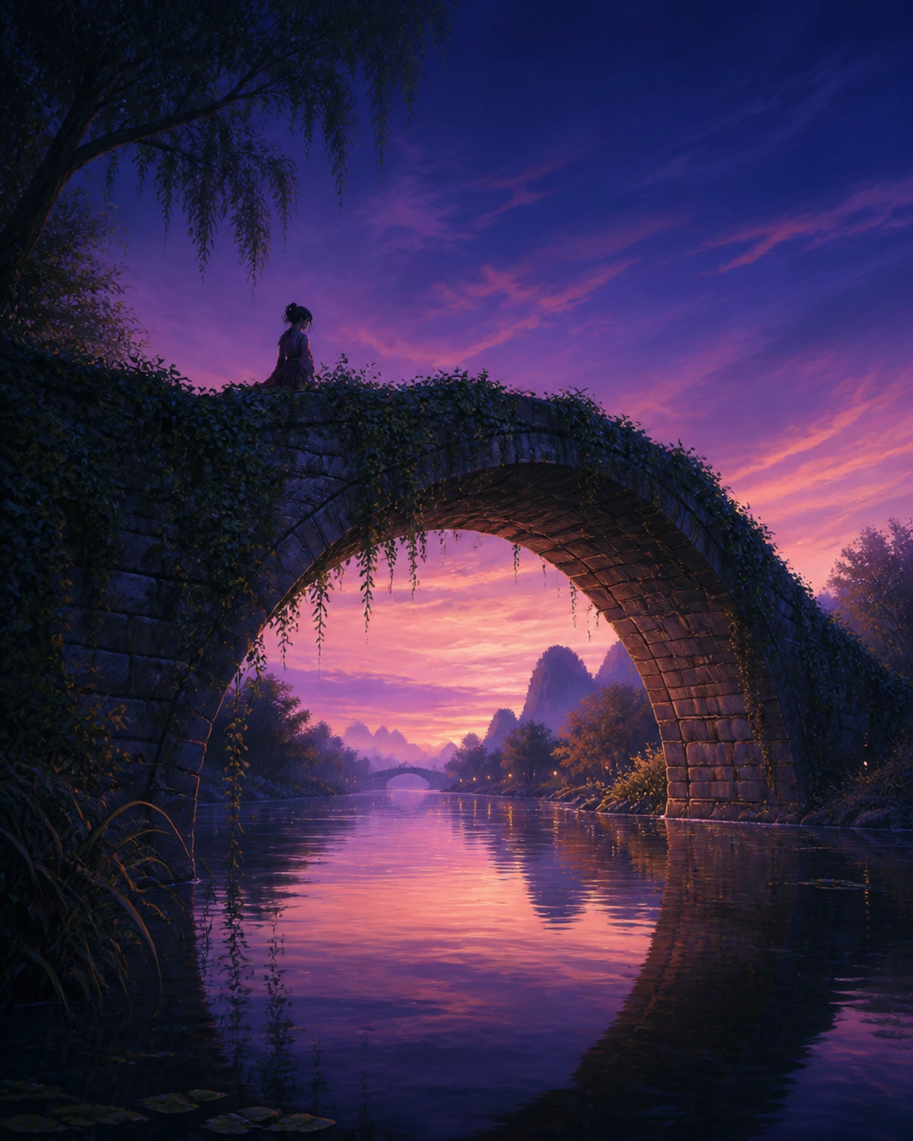 A stone bridge arching over a calm river at twilight, symbolizing building a bridge as an independent artist. and artistic longevity.