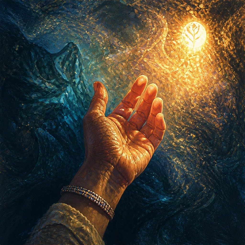 A high-detail painterly illustration of a hand reaching toward a soft, glowing light that represents the 'soul'.