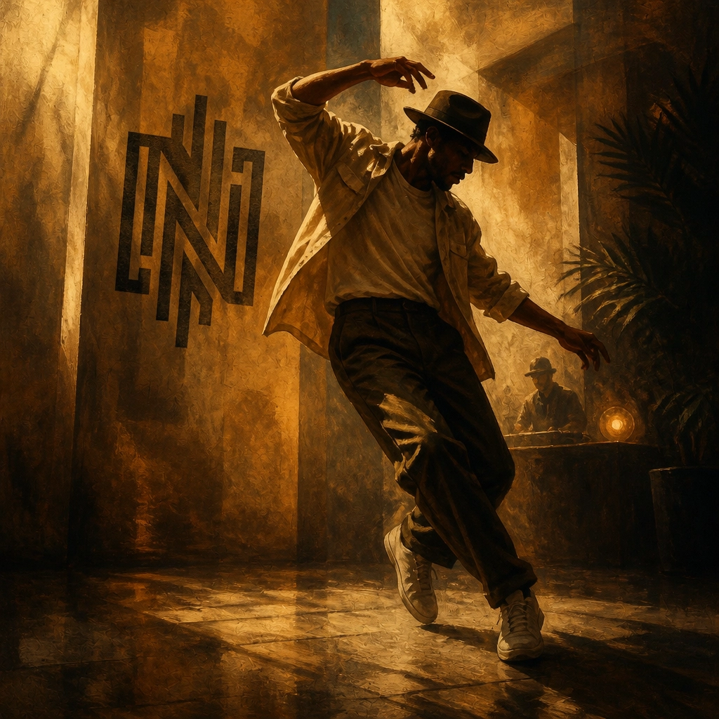 A painterly, atmospheric digital illustration of a figure in motion, capturing the essence of a 'funky dancy' house beat.