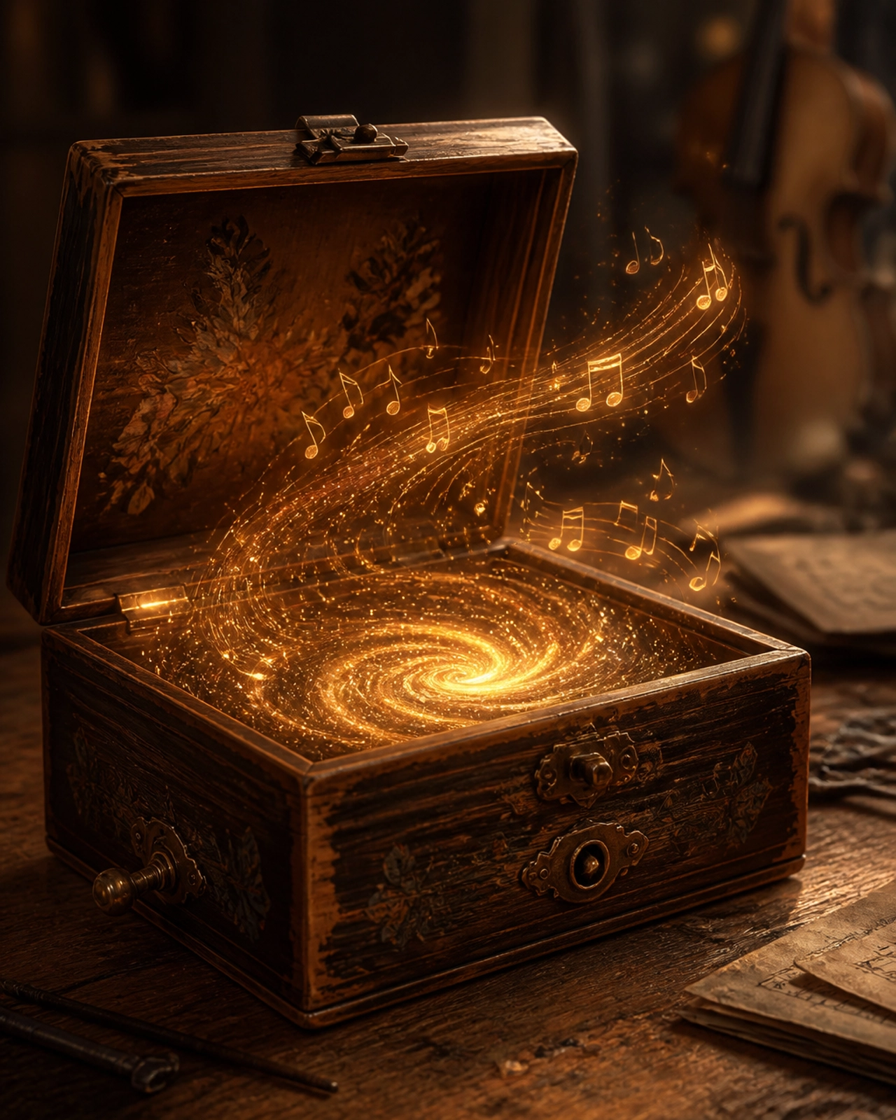A high-detail, painterly illustration of the concept of Alternative Music Freedom with an antique wooden music box being opened, with a glowing, swirling galaxy of golden light and organic musical notes spilling out.