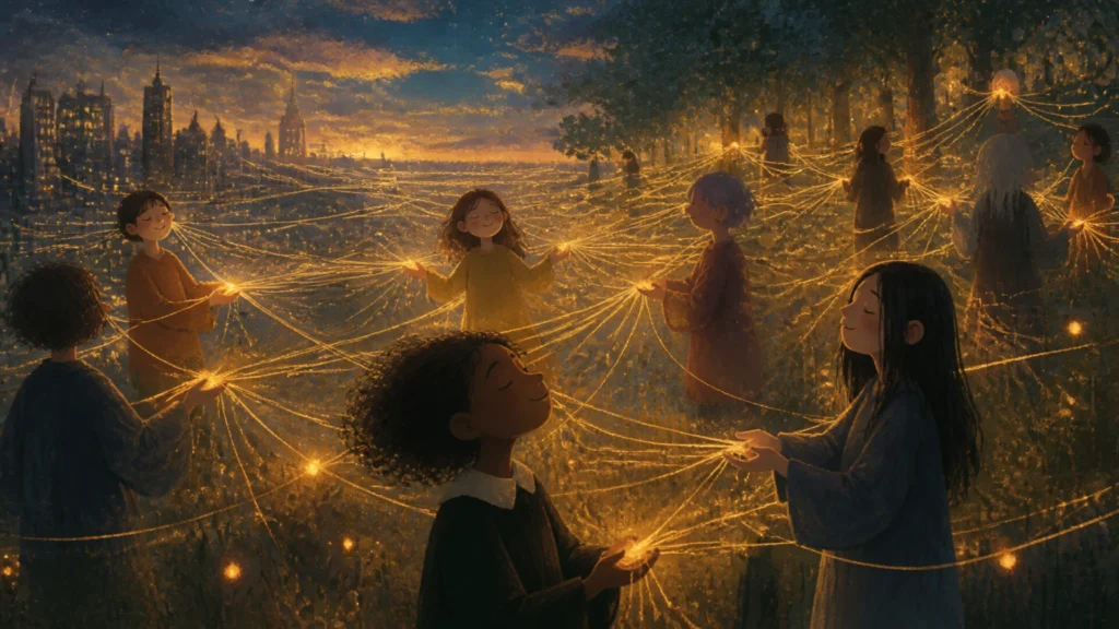 Golden threads of connection weaving through a twilight landscape