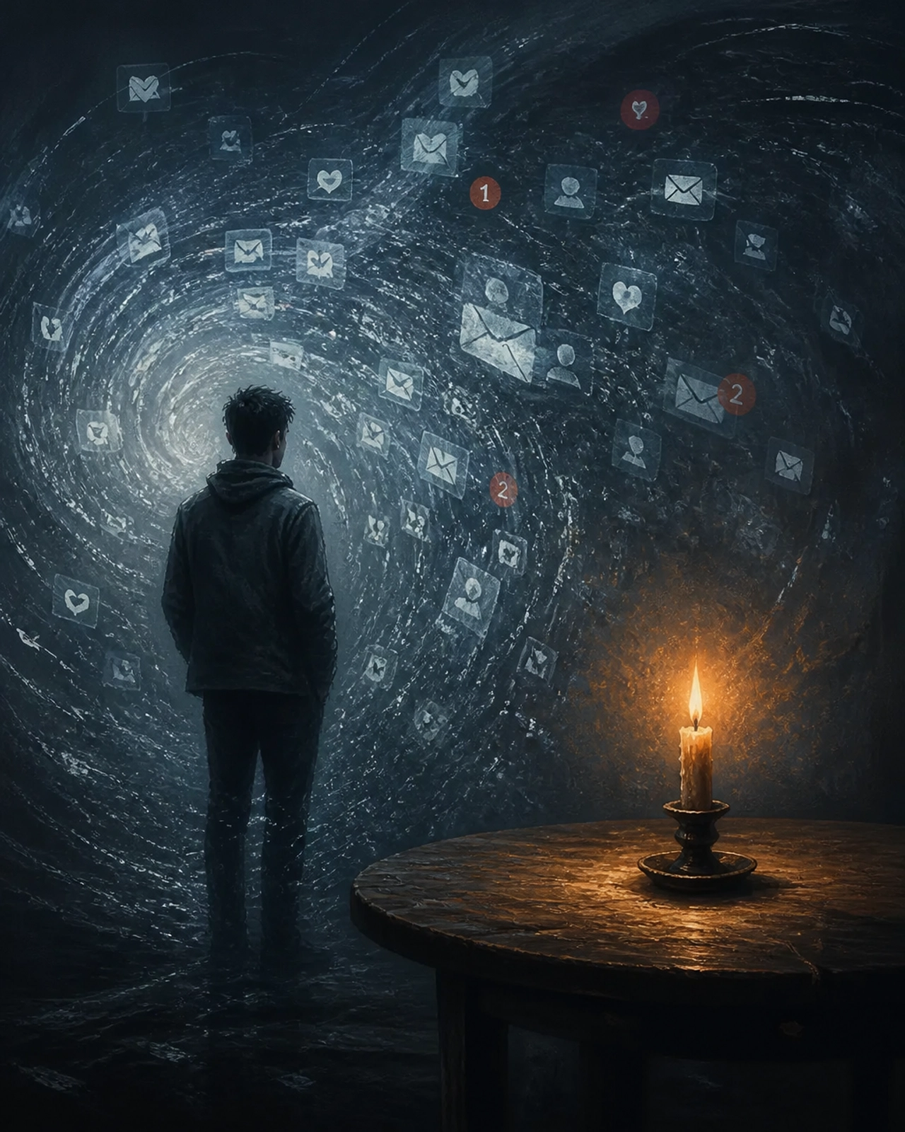 An atmospheric illustration of a person turning away from digital noise toward a single glowing candle.