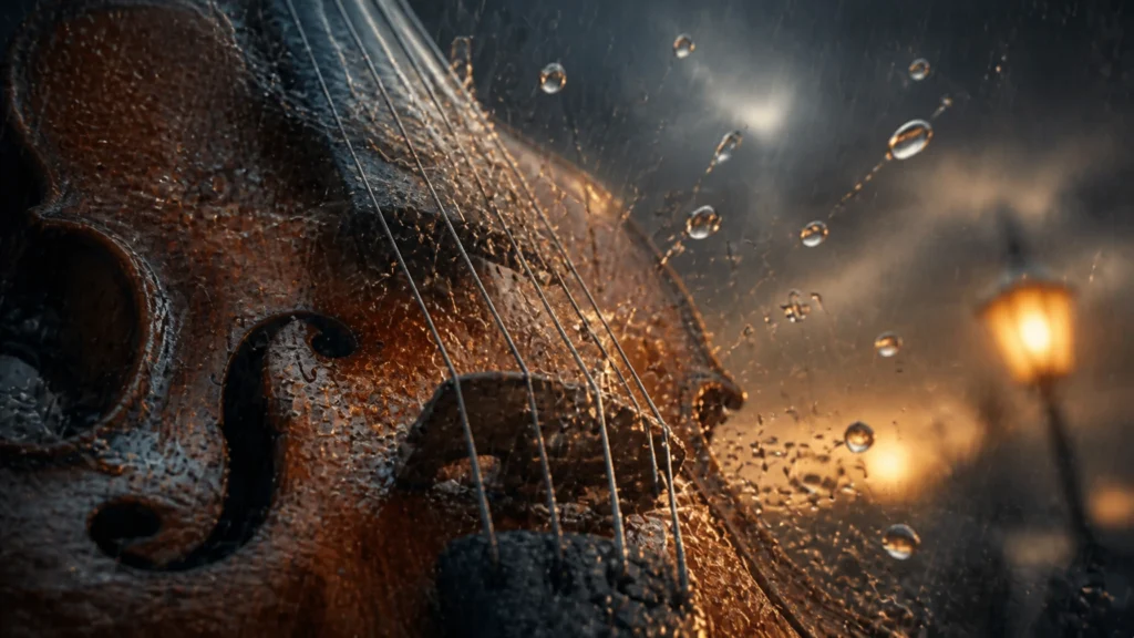 Close-up macro shot of rainwater splashing and exploding off the vibrating strings of a violin