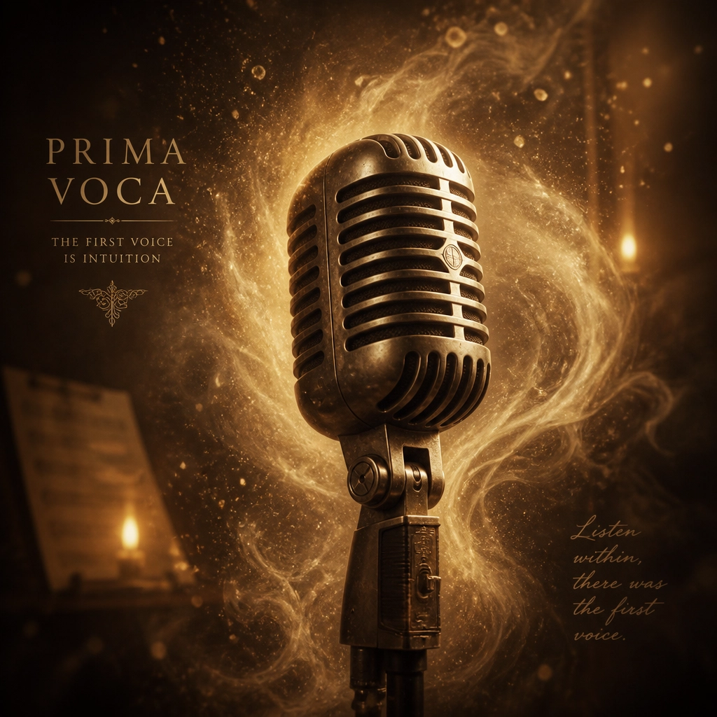 A cinematic and intimate digital illustration of a vintage studio microphone surrounded by ethereal, swirling sepia mist and golden particles. Representing the
