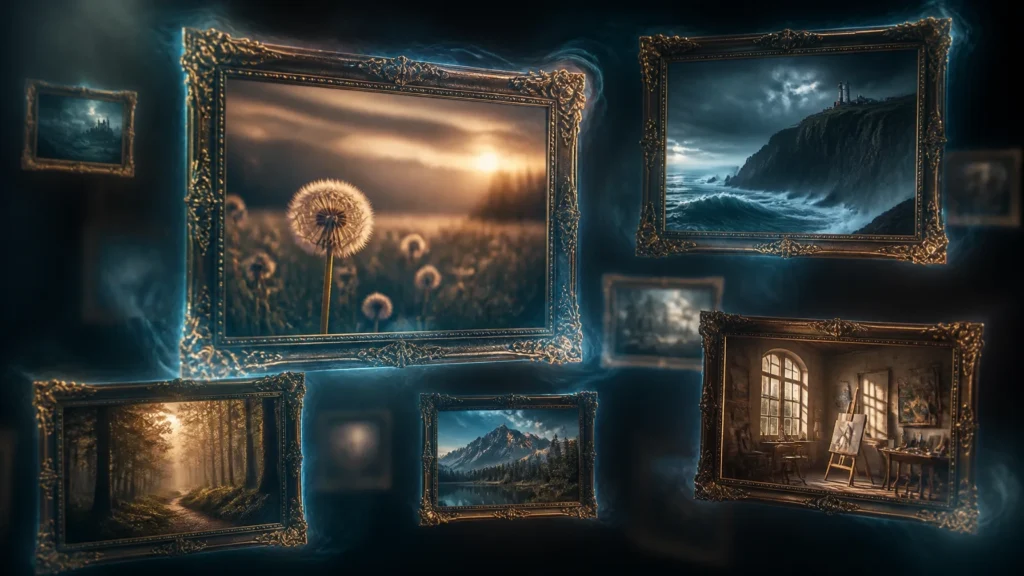 A cinematic grid of ethereal, glowing frames floating in a moody void, representing a visual library of music