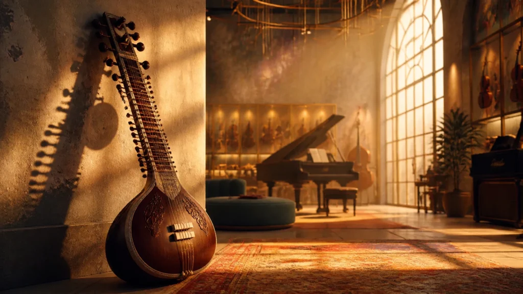 A painterly digital illustration of a sitar in a sun-drenched music studio, reflecting the organic and intentional textures of the song.