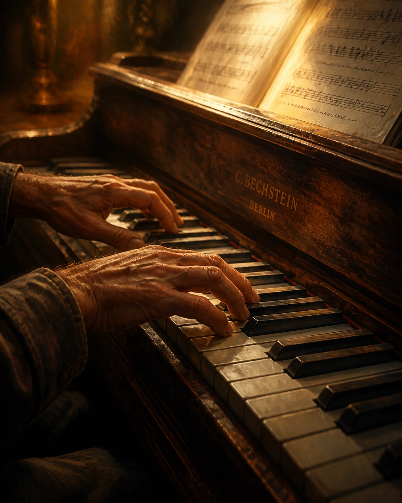 A pair of hands gently pressing keys on a vintage wooden piano in warm, dramatic light.