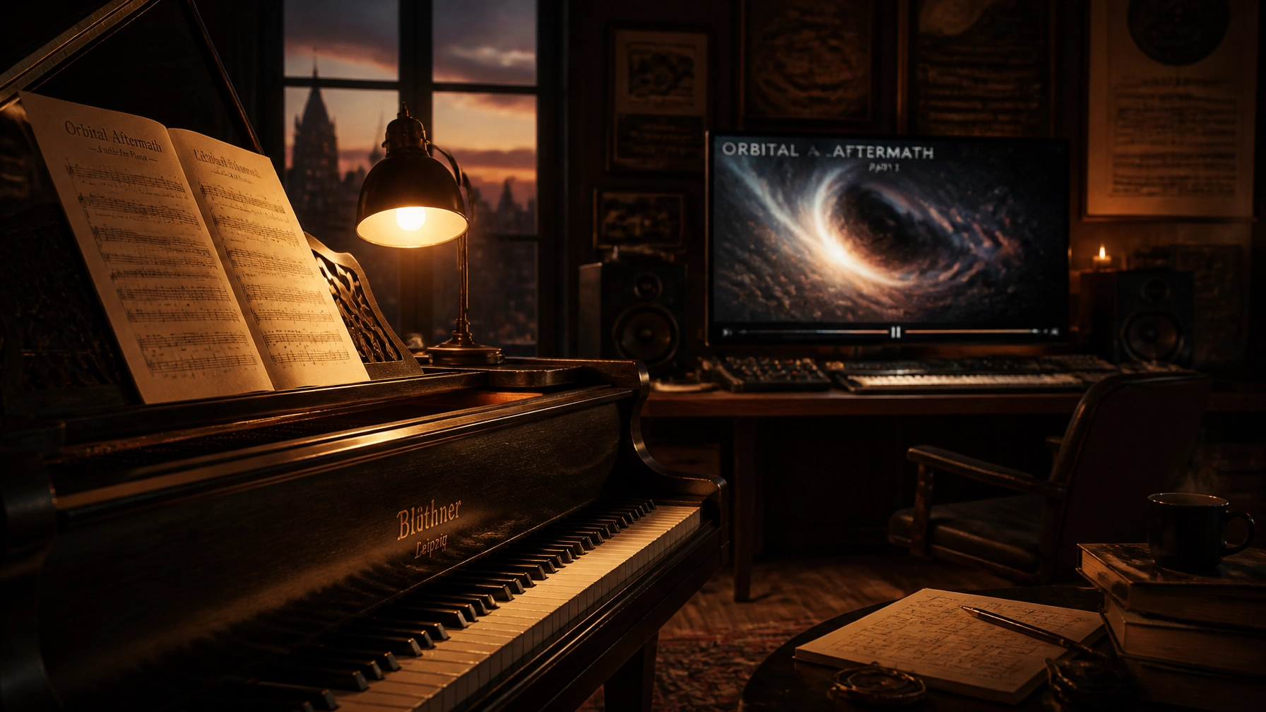 A cinematic music studio at twilight where 'Orbital Aftermath' is being composed