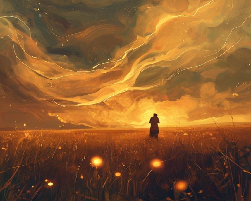 A dramatic, painterly illustration showing a person standing in a field of tall grass under a vast, swirling sky. Ethereal, glowing ribbons of light representing sound waves move from the person's chest into the atmosphere. The style is soft and impressionistic with rich textures and a warm, sepia-toned palette mixed with moody grays.