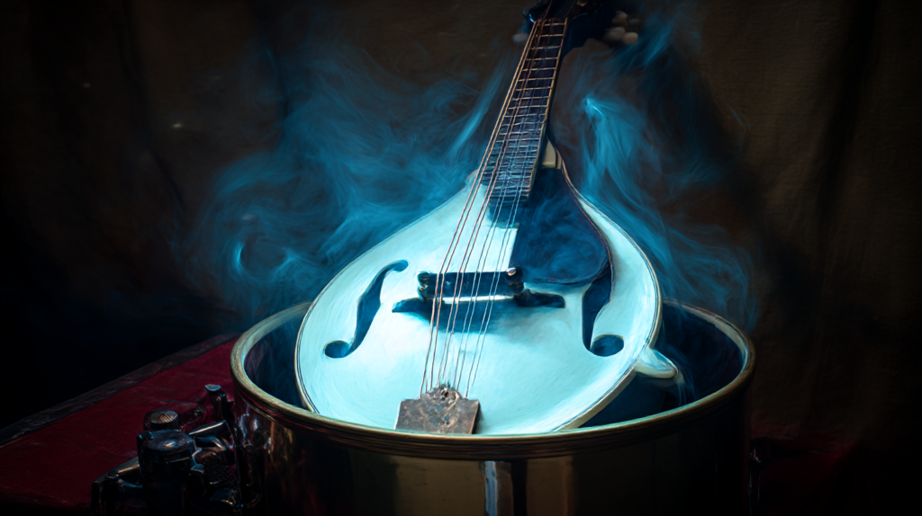 Mandolin in ethereal blue mist, capturing the reflective music and intentional sound design of independent artist NVL Music.