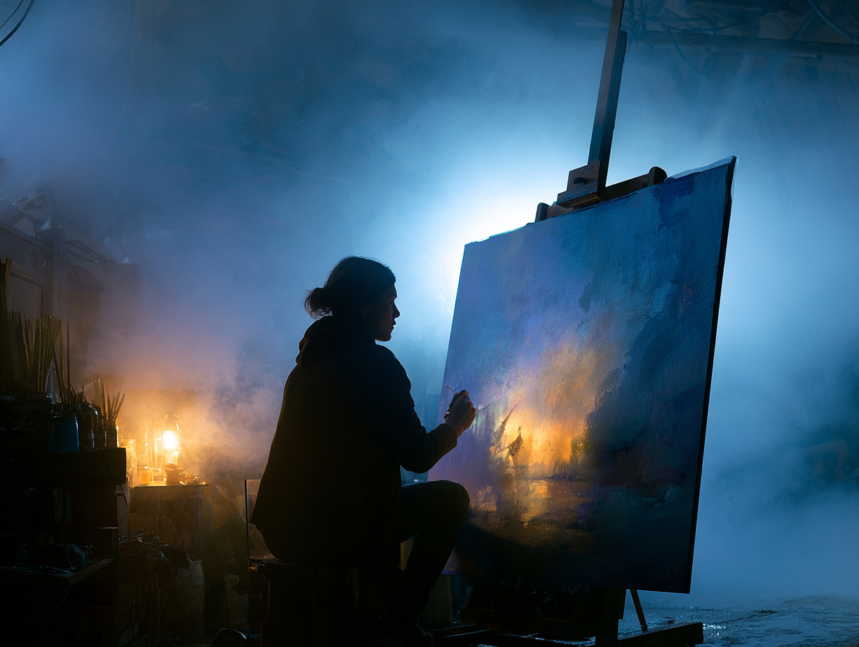 Artist paining a scene of cinematic mystery