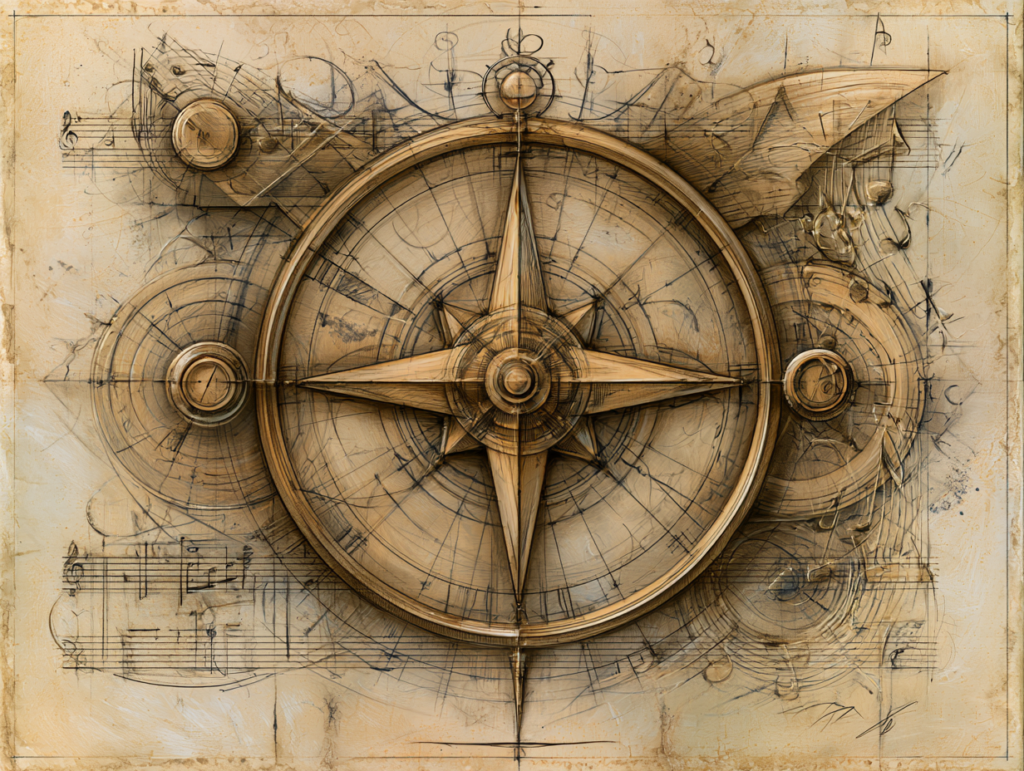 Had Drawing of a compass surrounded by musical elements symbolizing the Prima Voca philosophy.