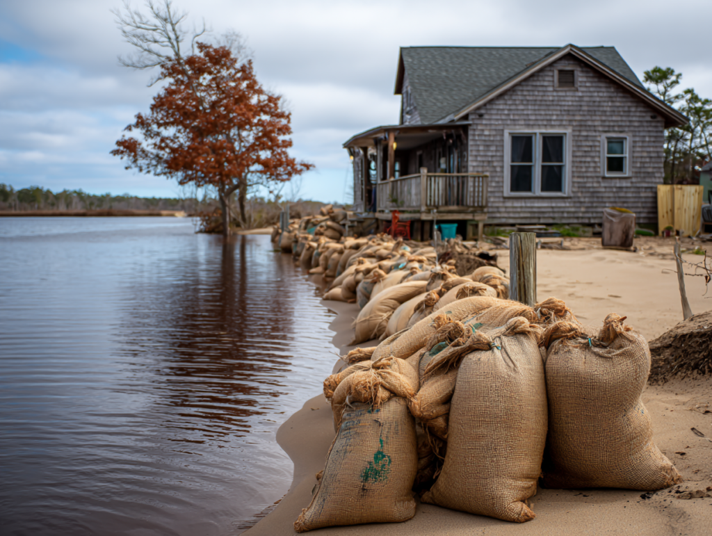 House is surrounded by a flood and sandbags