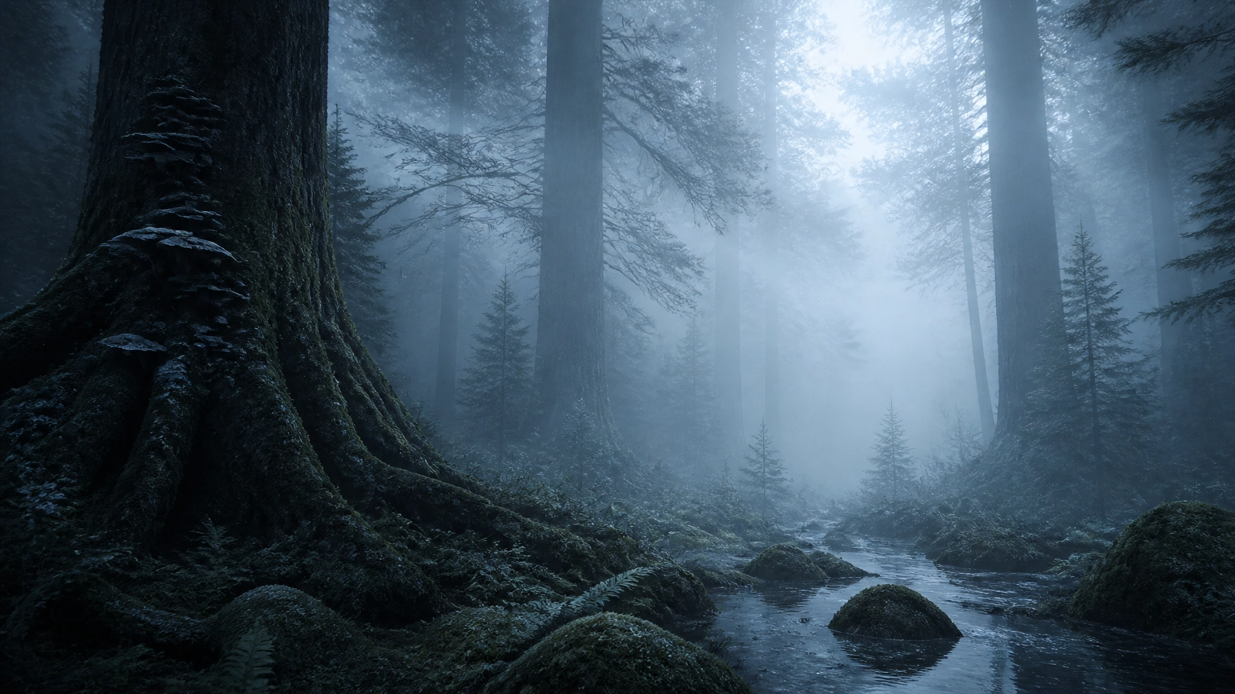A painterly, atmospheric digital illustration of a vast, misty forest at dawn.