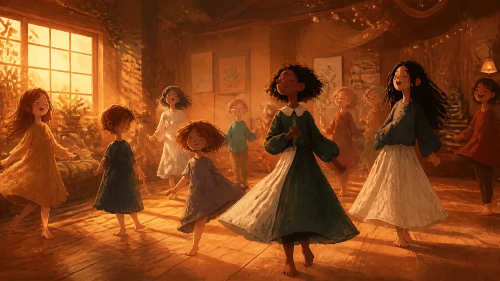 Sun-drenched dance floor in an old wooden loft, warm and inviting
