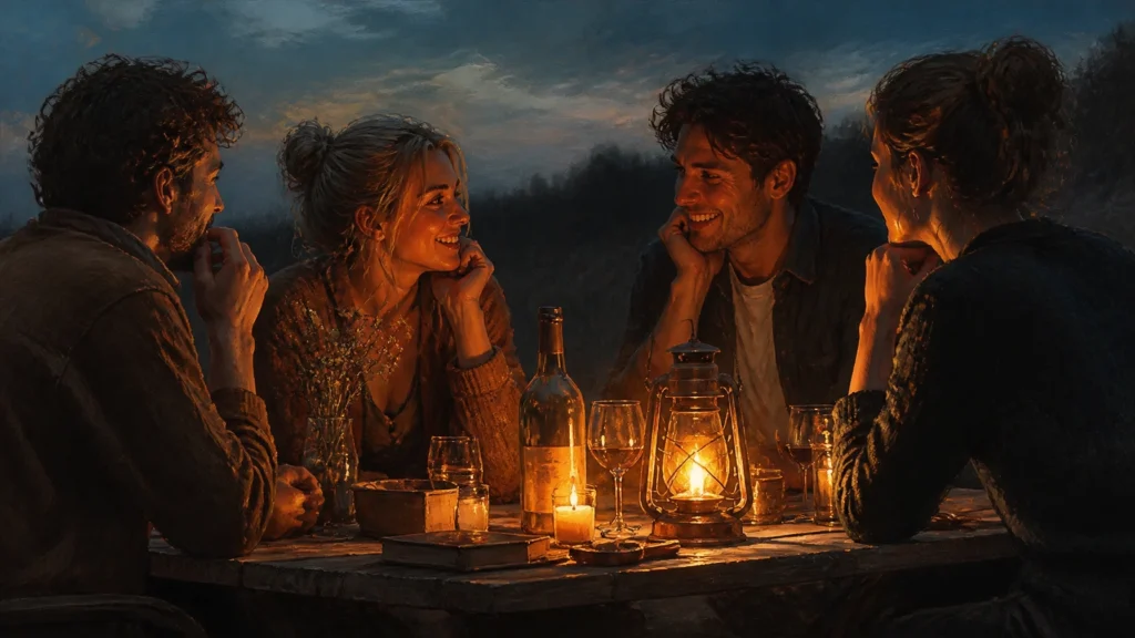 A painterly illustration of friends gathered around a warm, glowing table at dusk, emphasizing connection and shared history.