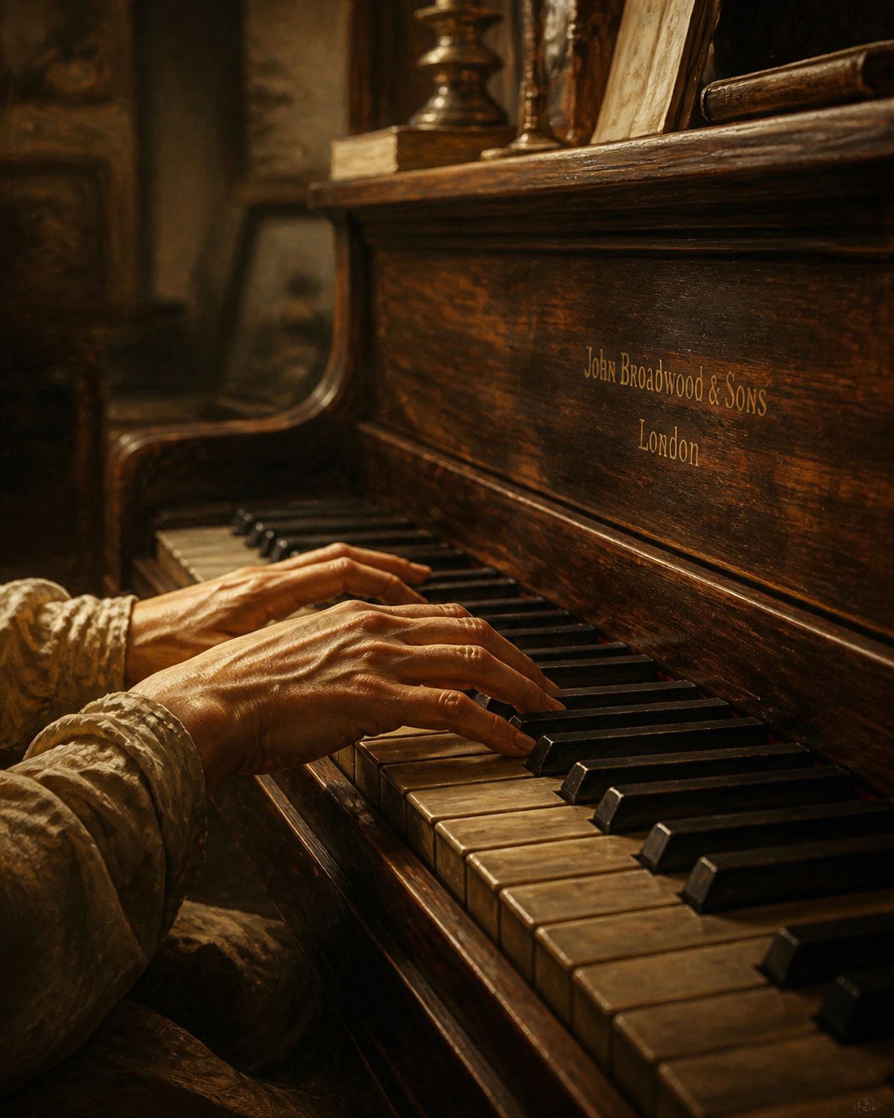 A painterly illustration of a musician's hands resting on a piano, emphasizing the human connection in music.