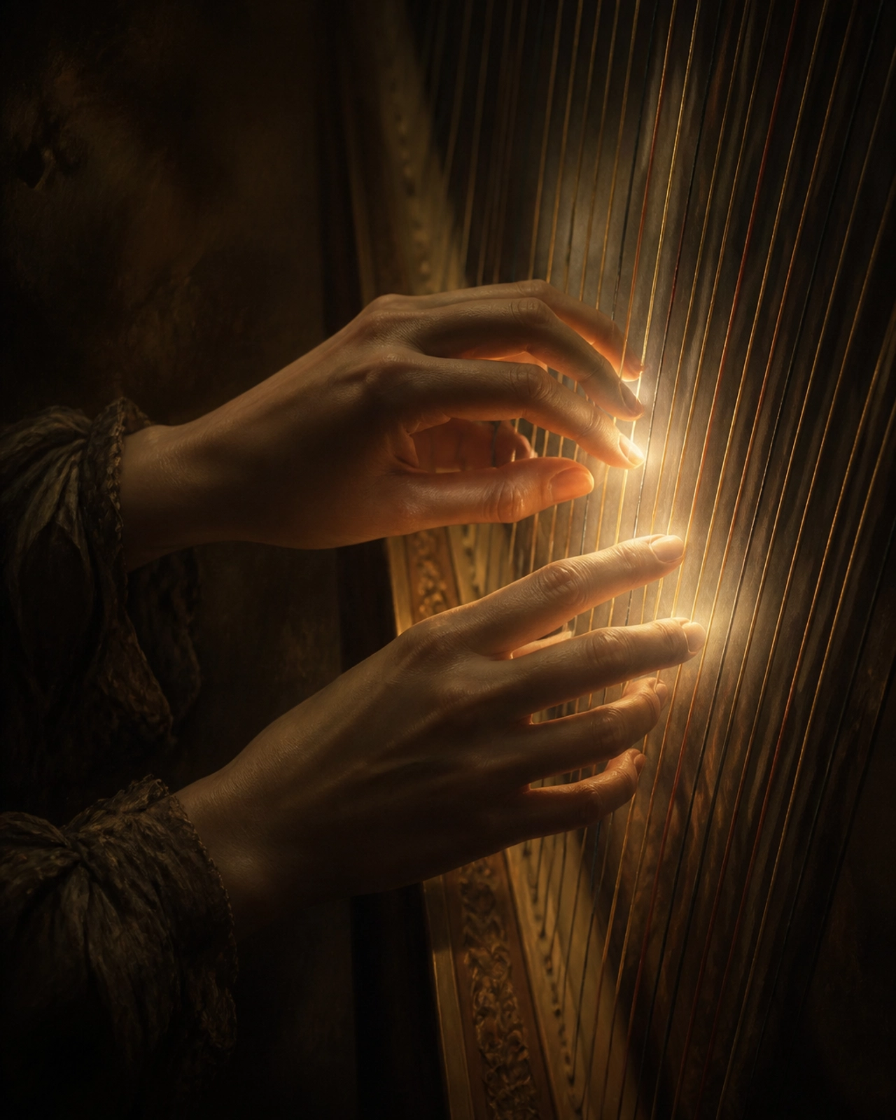 High-detail rendering of hands gently touching harp strings, symbolizing the tactile 'first voice' connection.