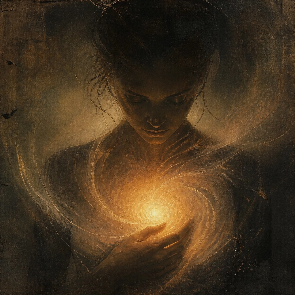A surreal and poetic digital painting representing the 'first voice' or intuition.