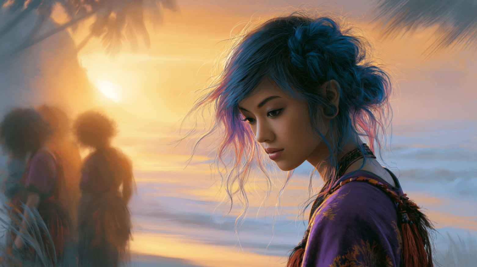 A cinematic portrait of a woman with blue-tinted hair at a beach sunset, reflecting the introspective mood of Flooded Dream.