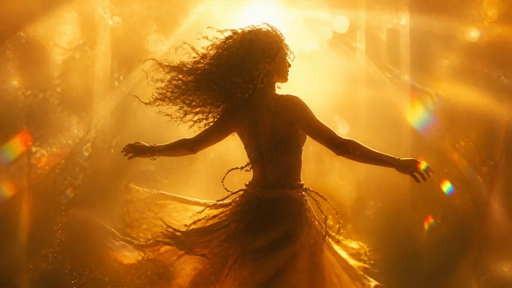 A cinematic and immersive illustration of a silhouette dancing in a warm, glowing space filled with golden light and amber gradients.