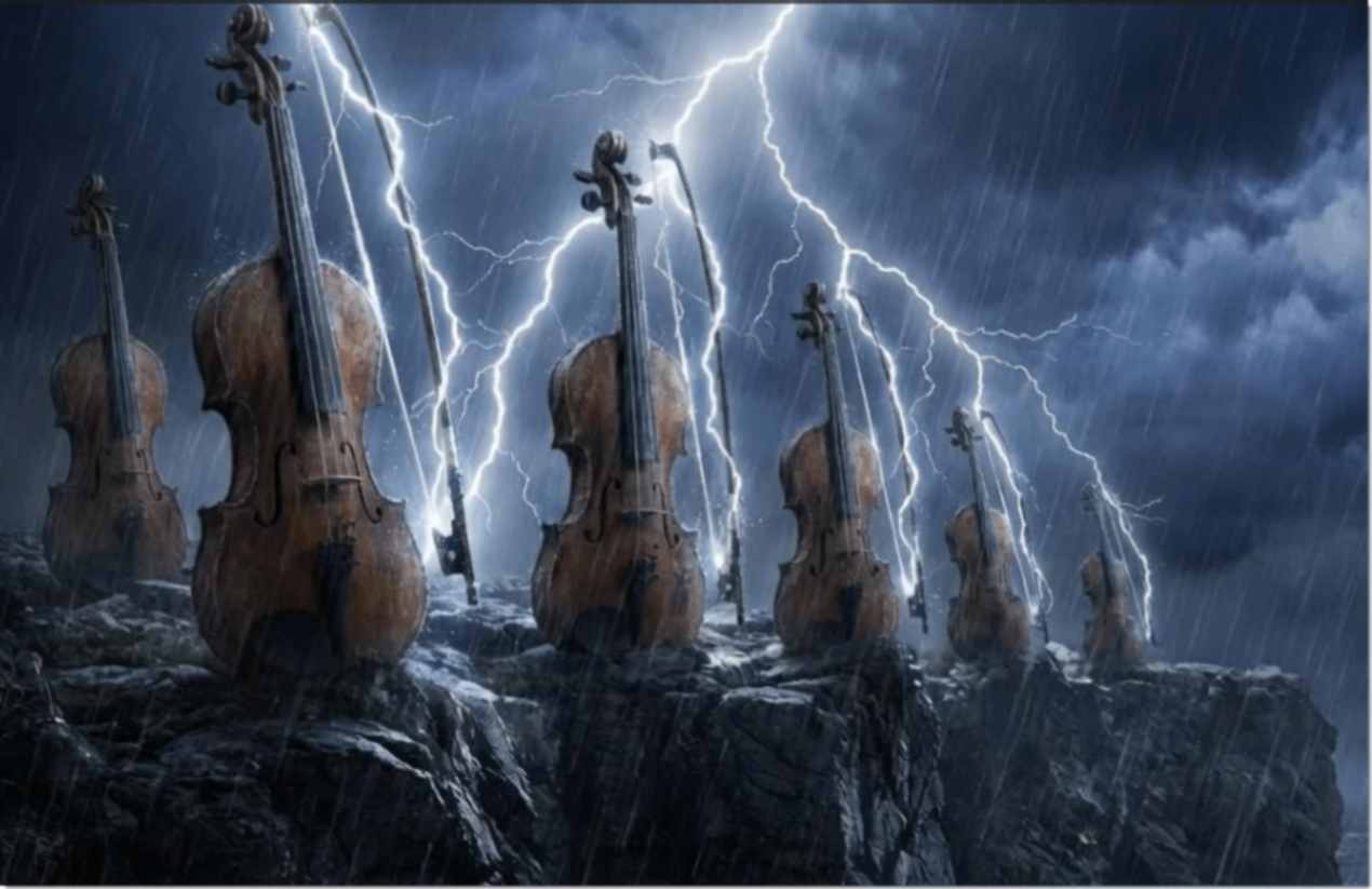 Multiple violins standing on a rocky cliffside during a dramatic lightning storm and heavy rain.