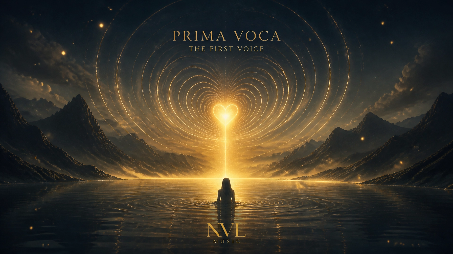 A surreal and poetic illustration representing 'Prima Voca' or the 'first voice.' A central, glowing heart-shaped light emits soft, golden ripples across a dark, cinematic landscape of calm water and distant mountains. Small, flickering sparks of light float in the air.