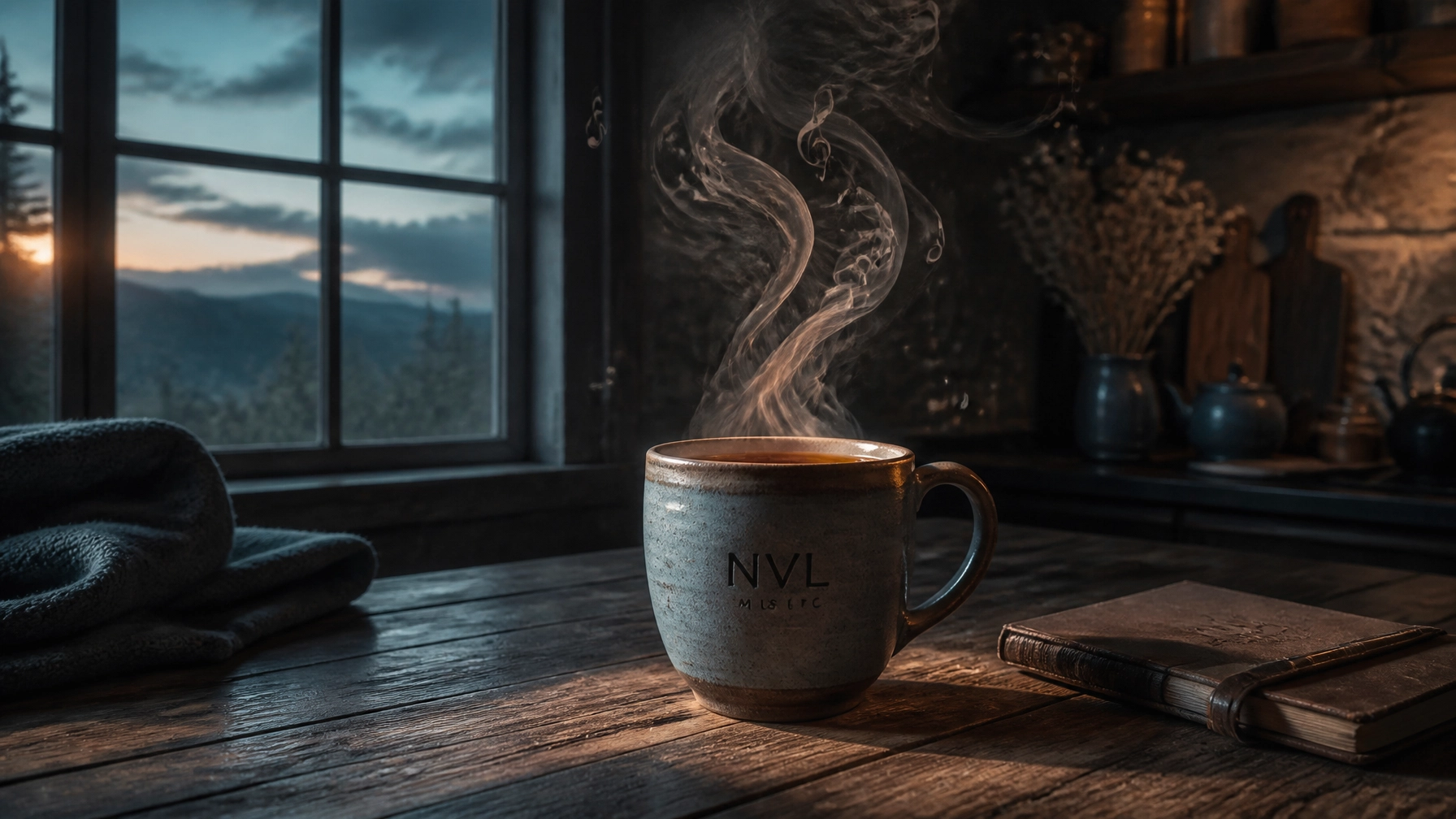 An atmospheric, high-detail digital painting of a quiet, early morning kitchen scene. A single ceramic mug of tea sits on a rustic wooden table, with steam rising in soft, ethereal swirls that subtly morph into musical notes. Outside the window, a soft blue and gray dawn is breaking. The style is painterly with rich textures of wood and stone, emphasizing a sense of presence and intentionality.