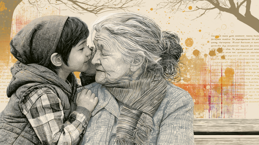 This in image in the style of a Line drawing. A young child and a grandmother sitting on a park bench. The young child is leaning upwards to the grandmother's ear. This reflects the idea of Prima Voca, or First Voice