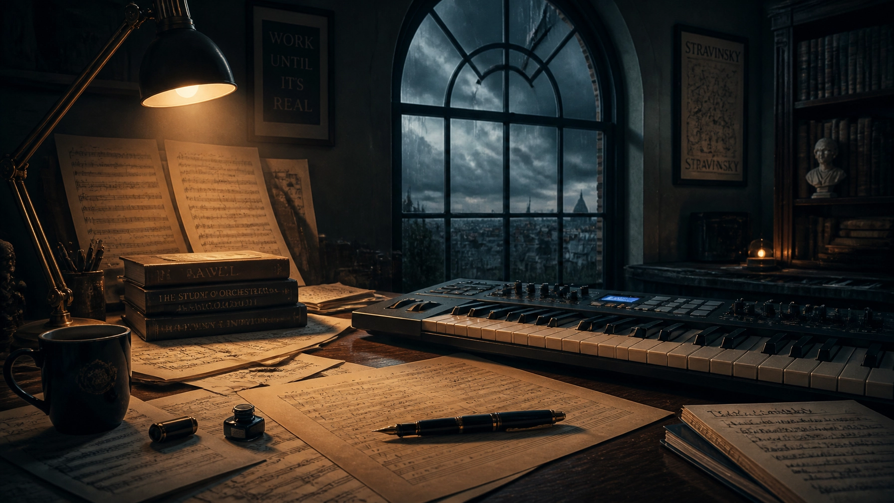 A cinematic scene of a composer's desk with sheet music and a MIDI keyboard under a soft, golden glow.