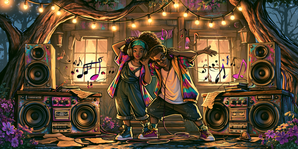 Illustration of people listening to 80s house music on oversized boom boxes of the 1980s